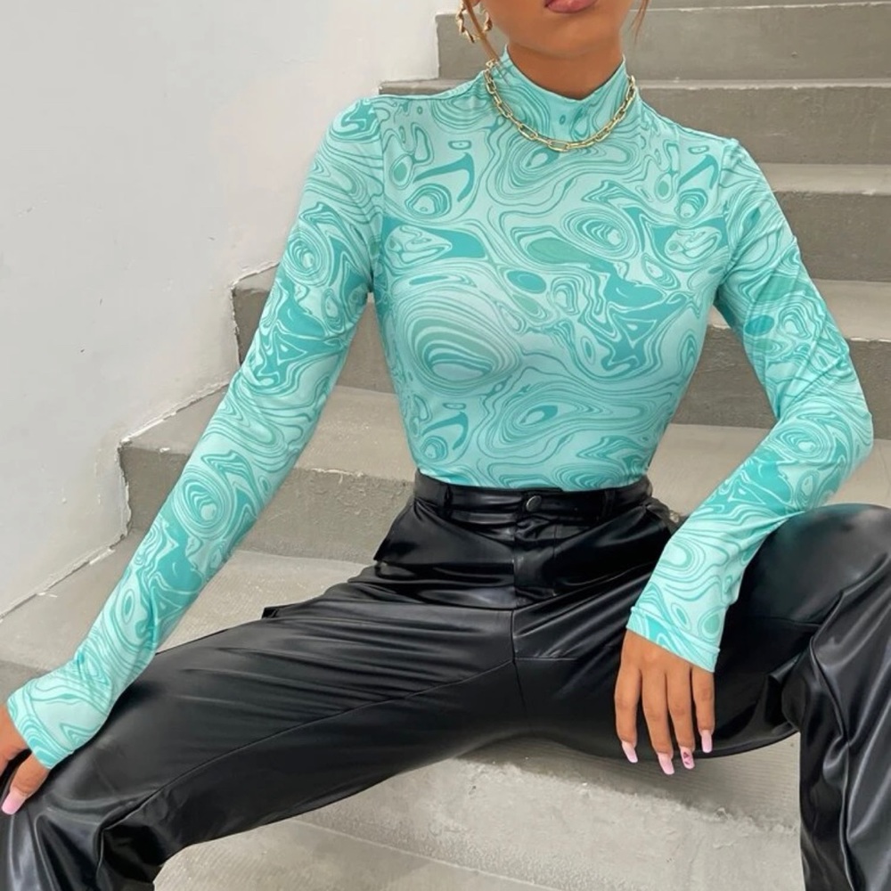 Sky Blue Long Sleeve Marble Print Top